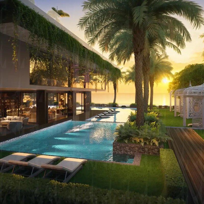 Riviera Palm Beach — кабанки у бассейна на закате