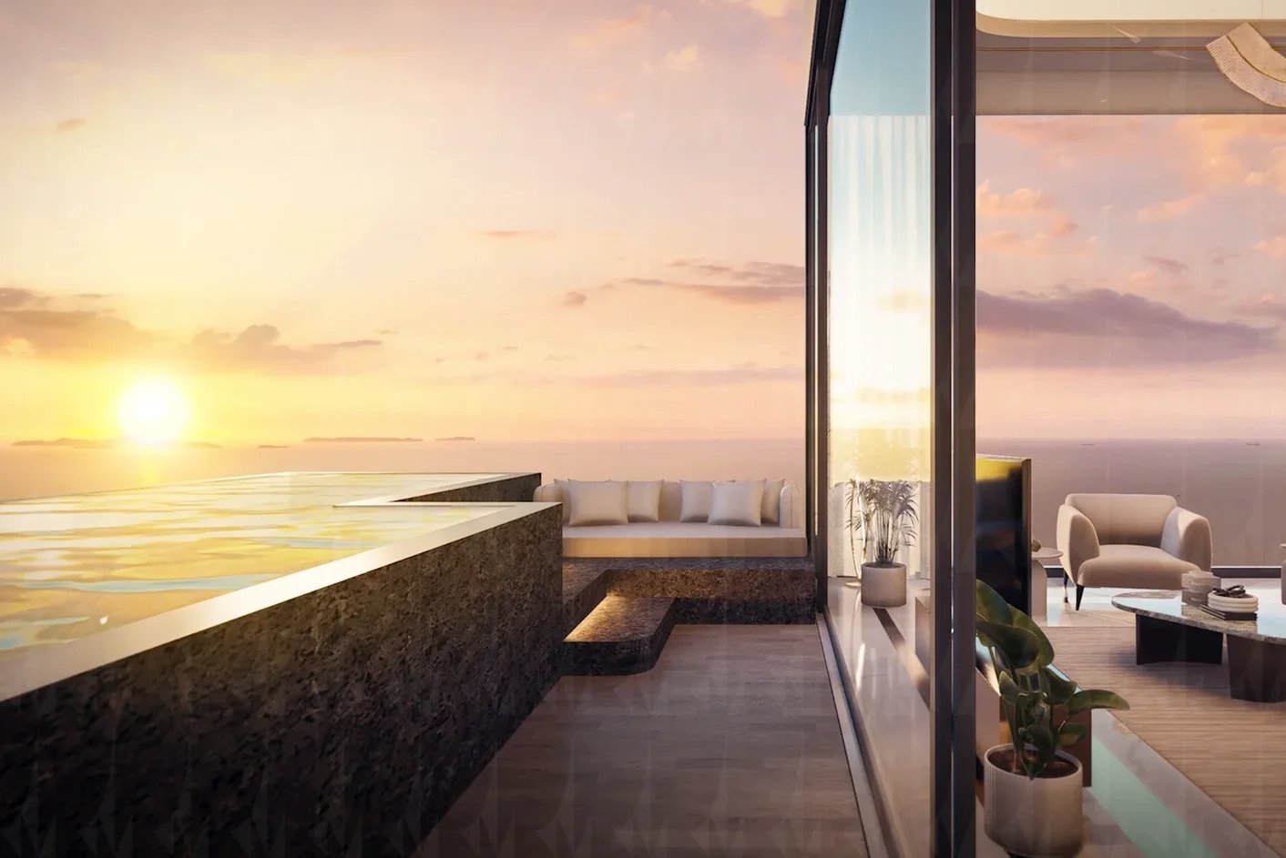 Riviera Palm Beach — приватный бассейн на террасе на закате